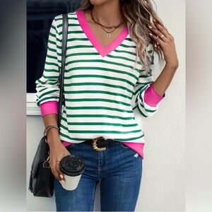 Striped V-Neck Long Sleeve T-Shirt